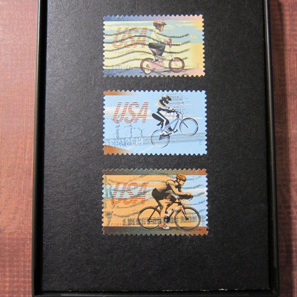Bicycle - Recycled Postage Stamp Framed Art 3.5"x5", biker, bicyclist, bike ride